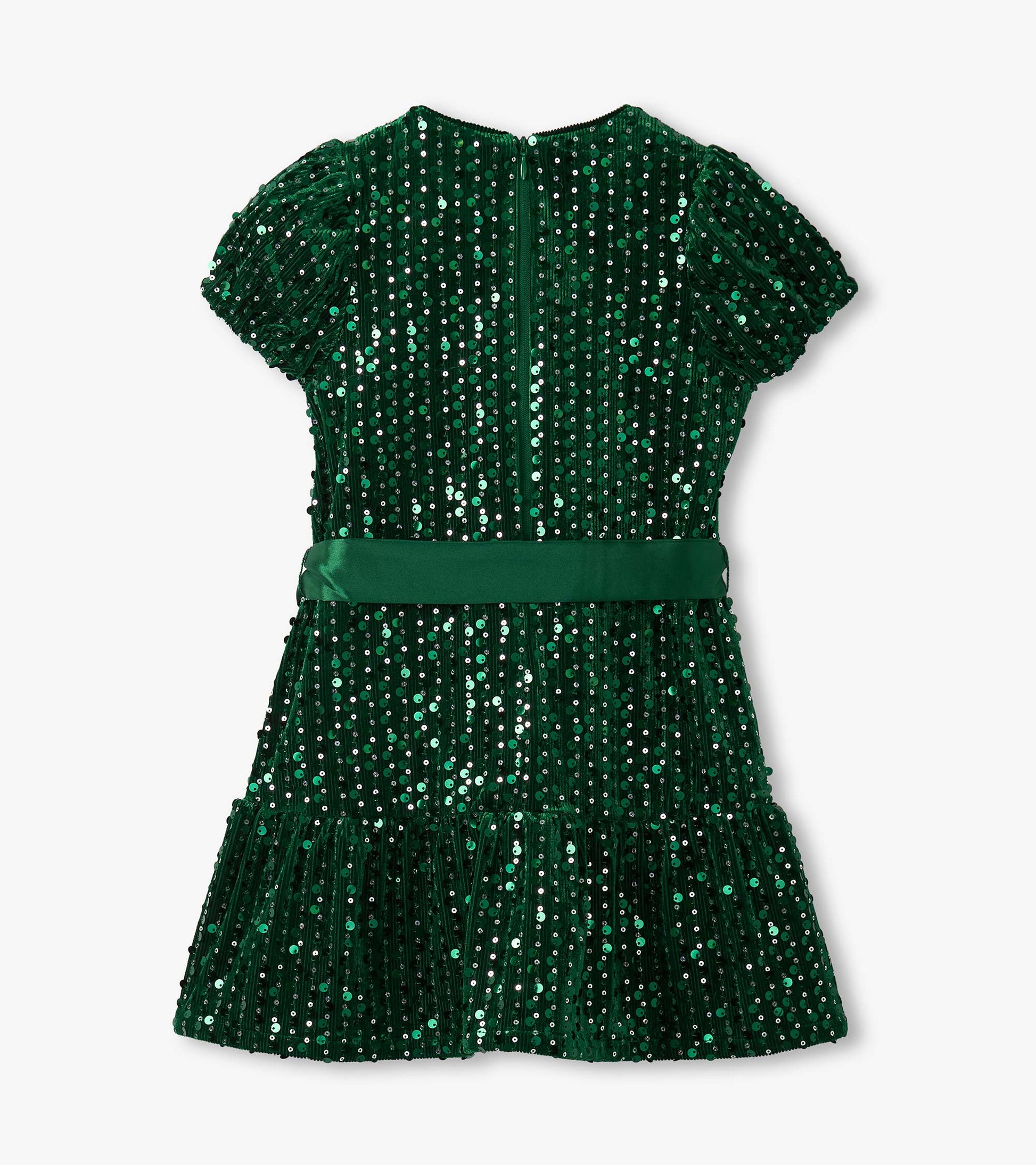 Green velvet dress adorned with sequins, featuring short puff sleeves and a flared skirt. Back zipper closure.