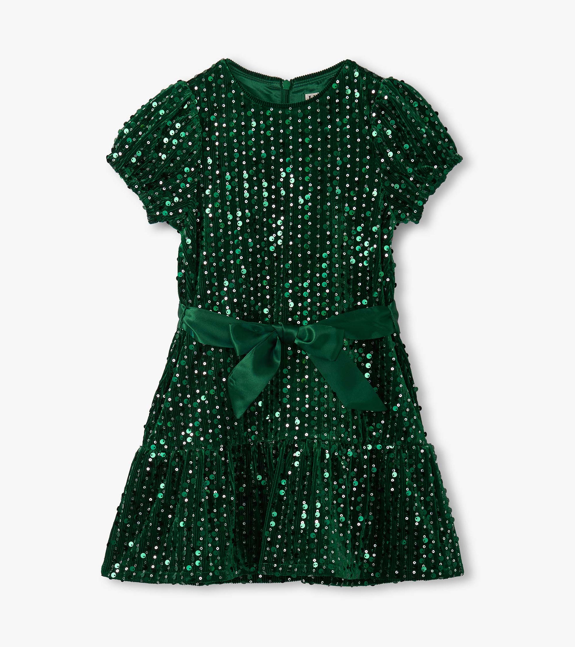 Green velvet dress adorned with sequins, featuring short puff sleeves and a ruffled hem, tied with a matching belt.