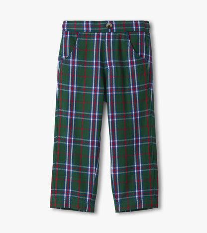 Green plaid straight leg pants with red and blue accents, featuring pockets and a button closure.