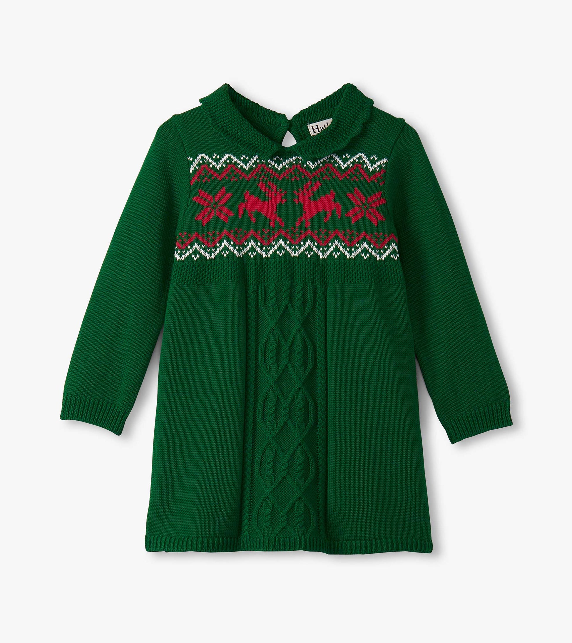 Eden green cable knit sweater dress with a red and white patterned yoke and a round collar, suitable for baby and toddler gi…