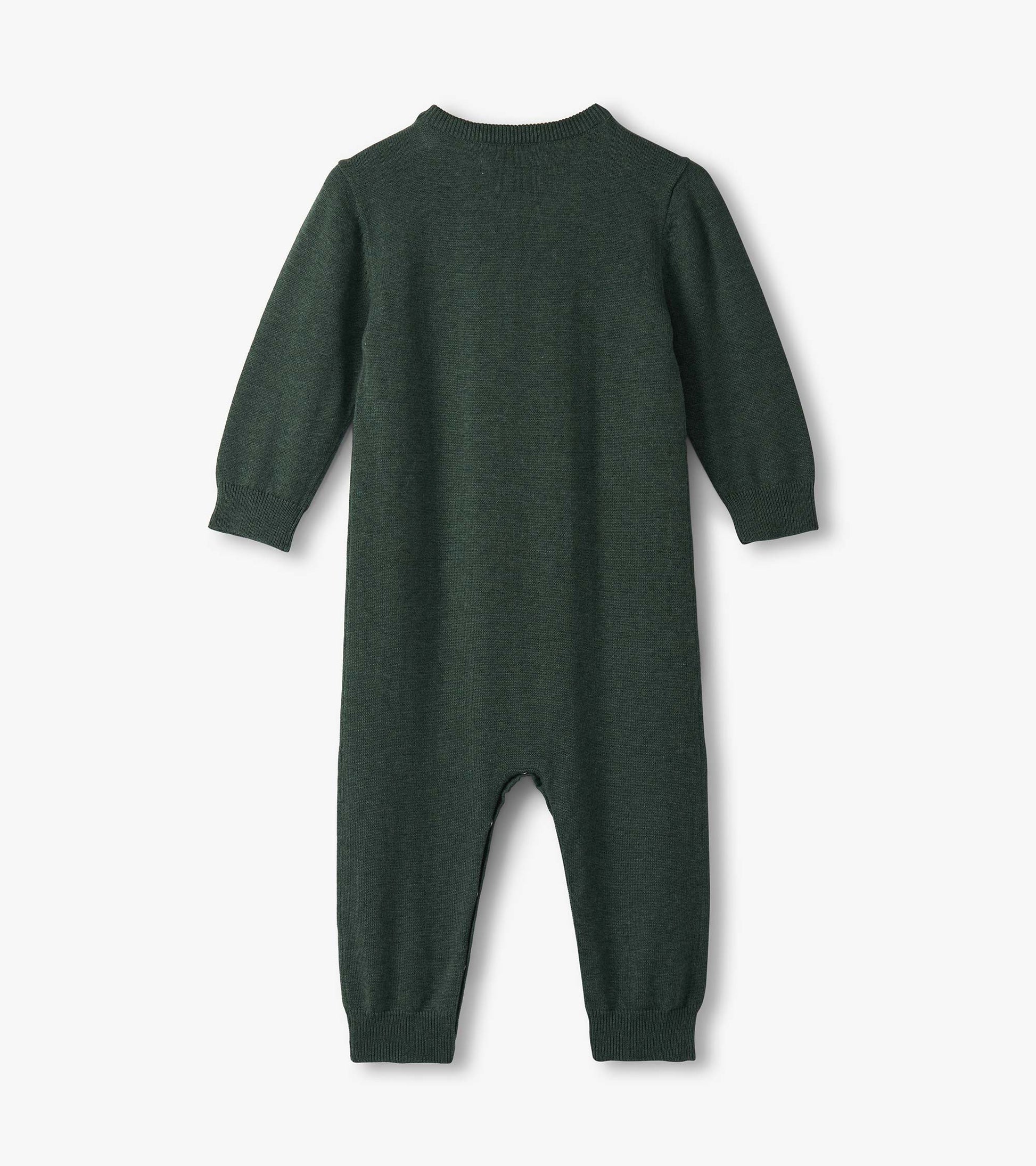Dark green knitted sweater romper for baby boys, featuring long sleeves and a round neckline.