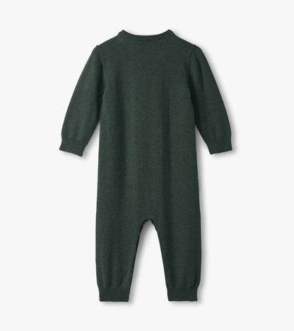 Dark green knitted sweater romper for baby boys, featuring long sleeves and a round neckline.