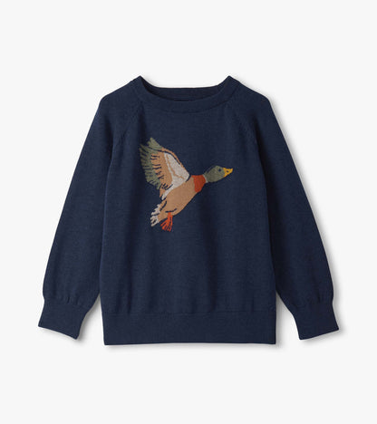 Navy crew neck sweater featuring a colorful flying duck design, made from soft material, suitable for boys.