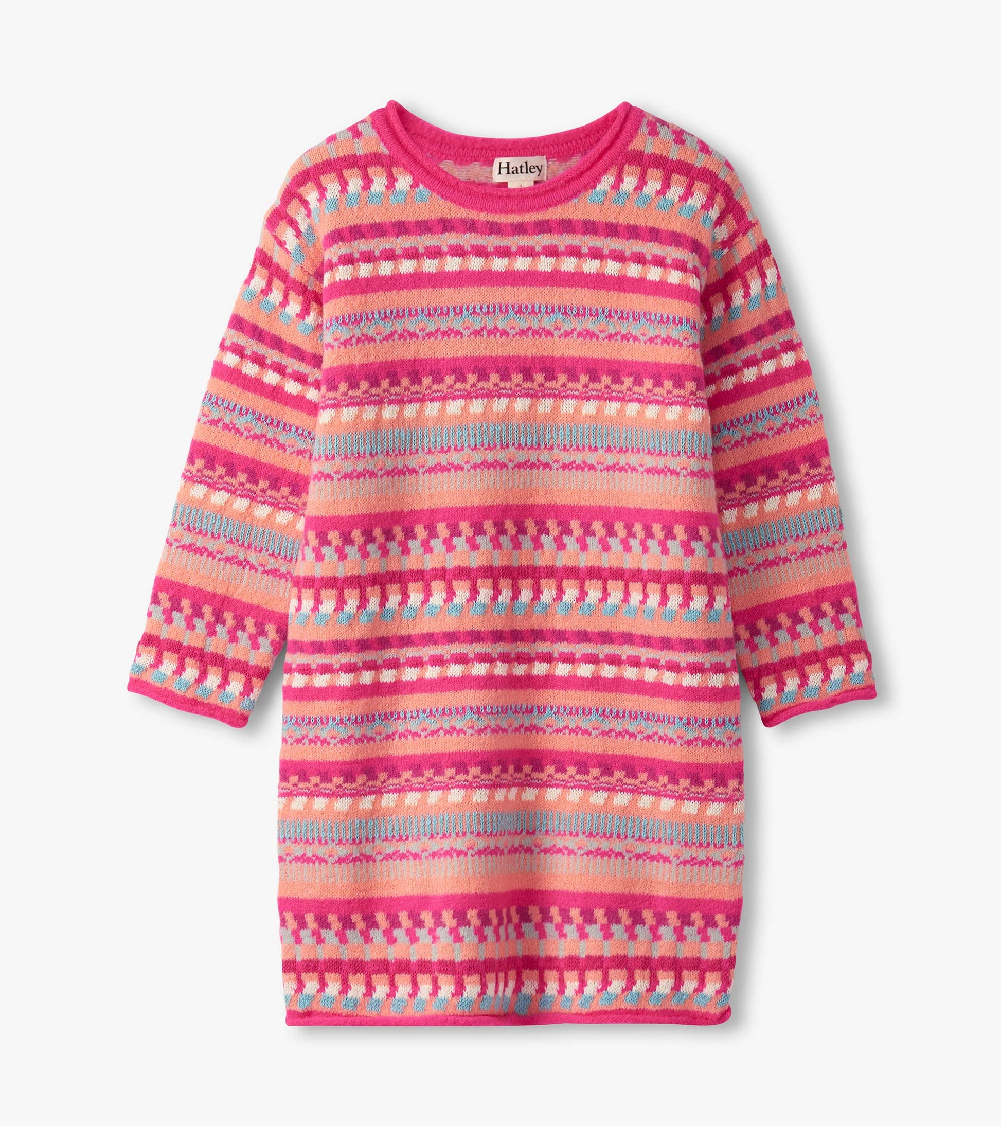 Pink sweater dress featuring colorful sunset stripes and long sleeves, perfect for casual wear.