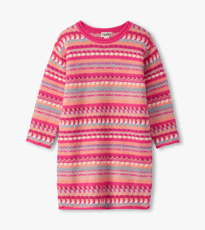 Pink sweater dress featuring colorful sunset stripes and long sleeves, perfect for casual wear.