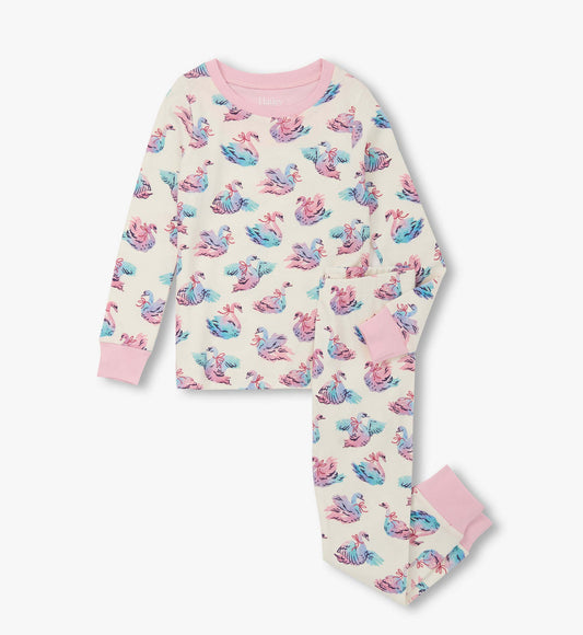 Girls Elegant Swans Cotton Pyjama Set