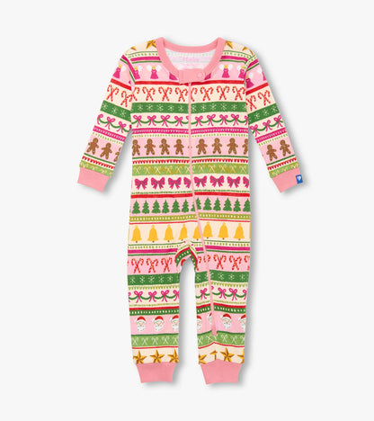 Pink cotton sleeper featuring a fun Fair Isle pattern with gingerbread, bows, and Christmas motifs.