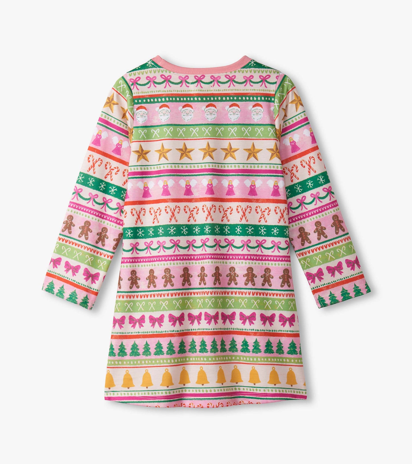 Pink long sleeve nightdress featuring a fun Fair Isle pattern with festive motifs like Santa, stars, and gingerbread.