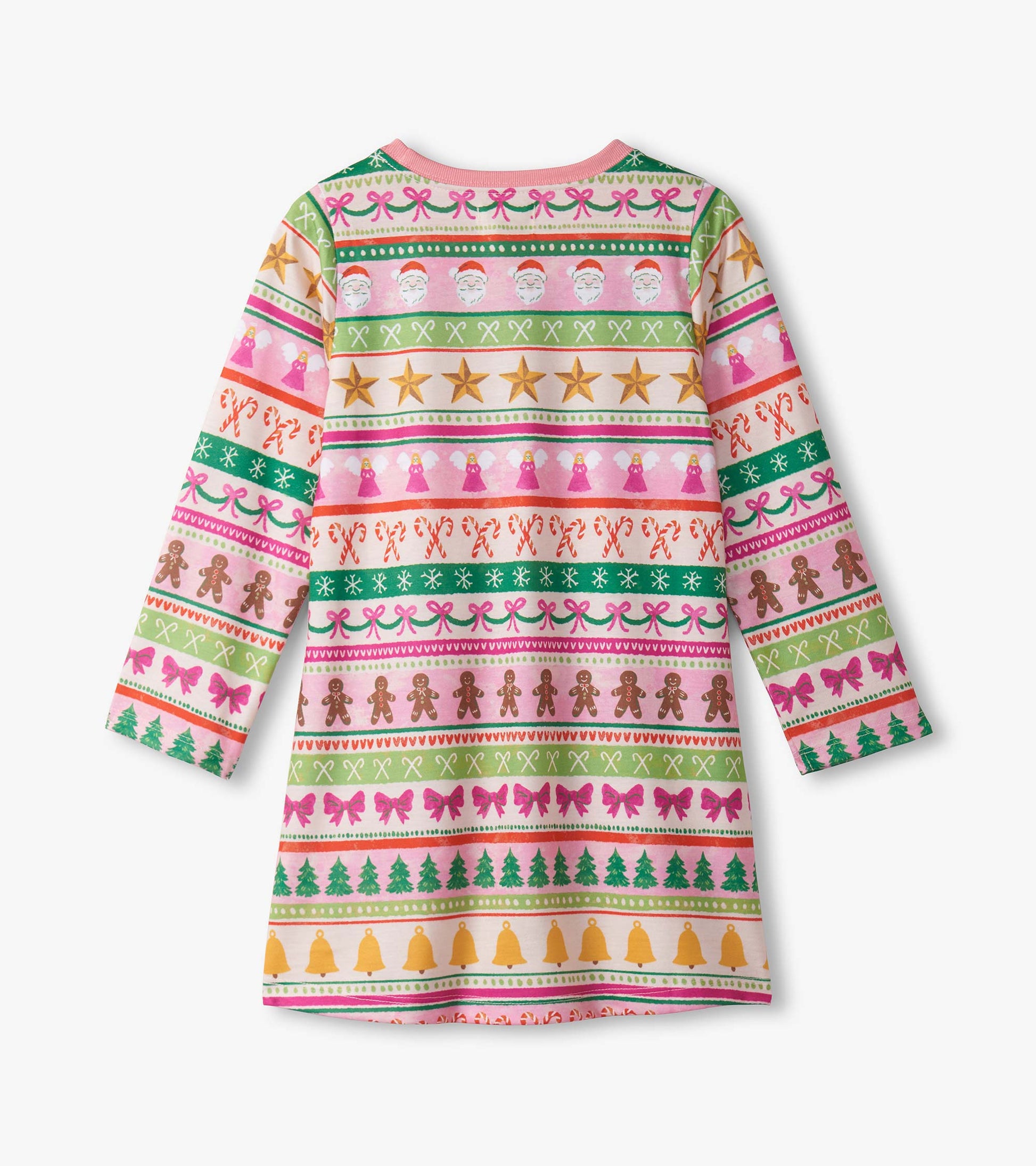 Pink long sleeve nightdress featuring a fun Fair Isle pattern with festive motifs like Santa, stars, and gingerbread.