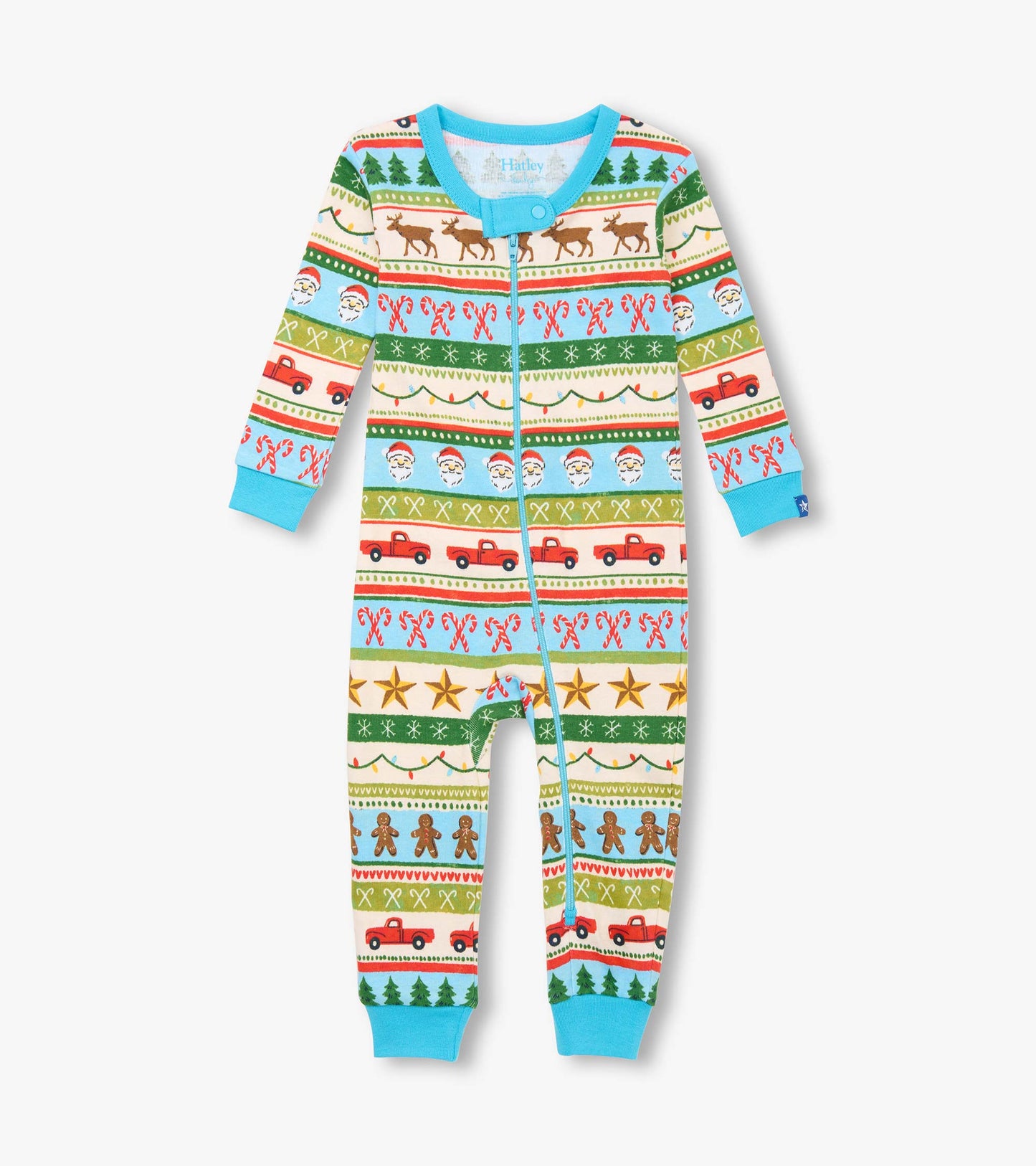 Blue zip-front baby sleeper with holiday Fair Isle print of reindeer, candy canes, trucks, stars, and gingerbread men