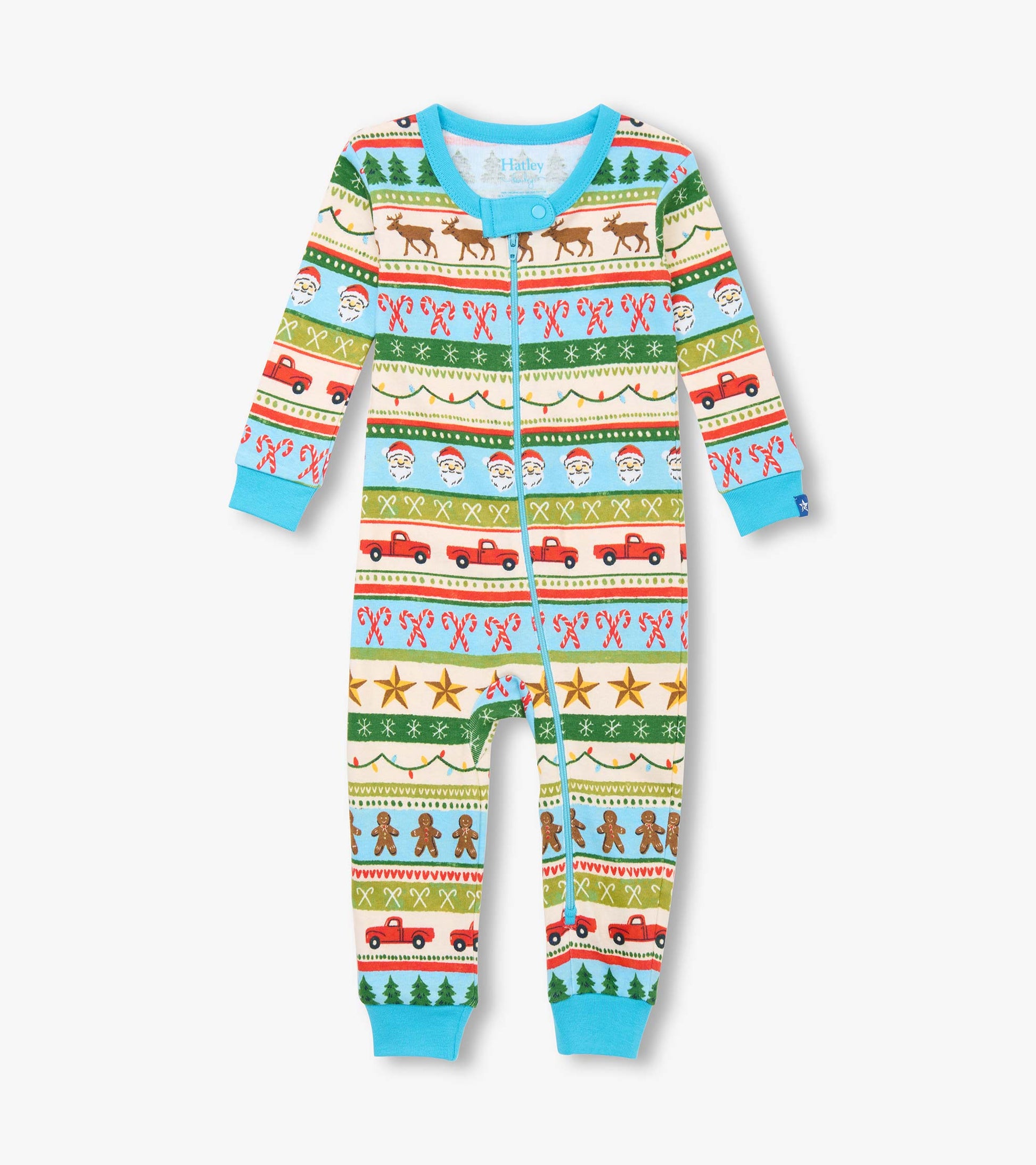 Blue zip-front baby sleeper with holiday Fair Isle print of reindeer, candy canes, trucks, stars, and gingerbread men