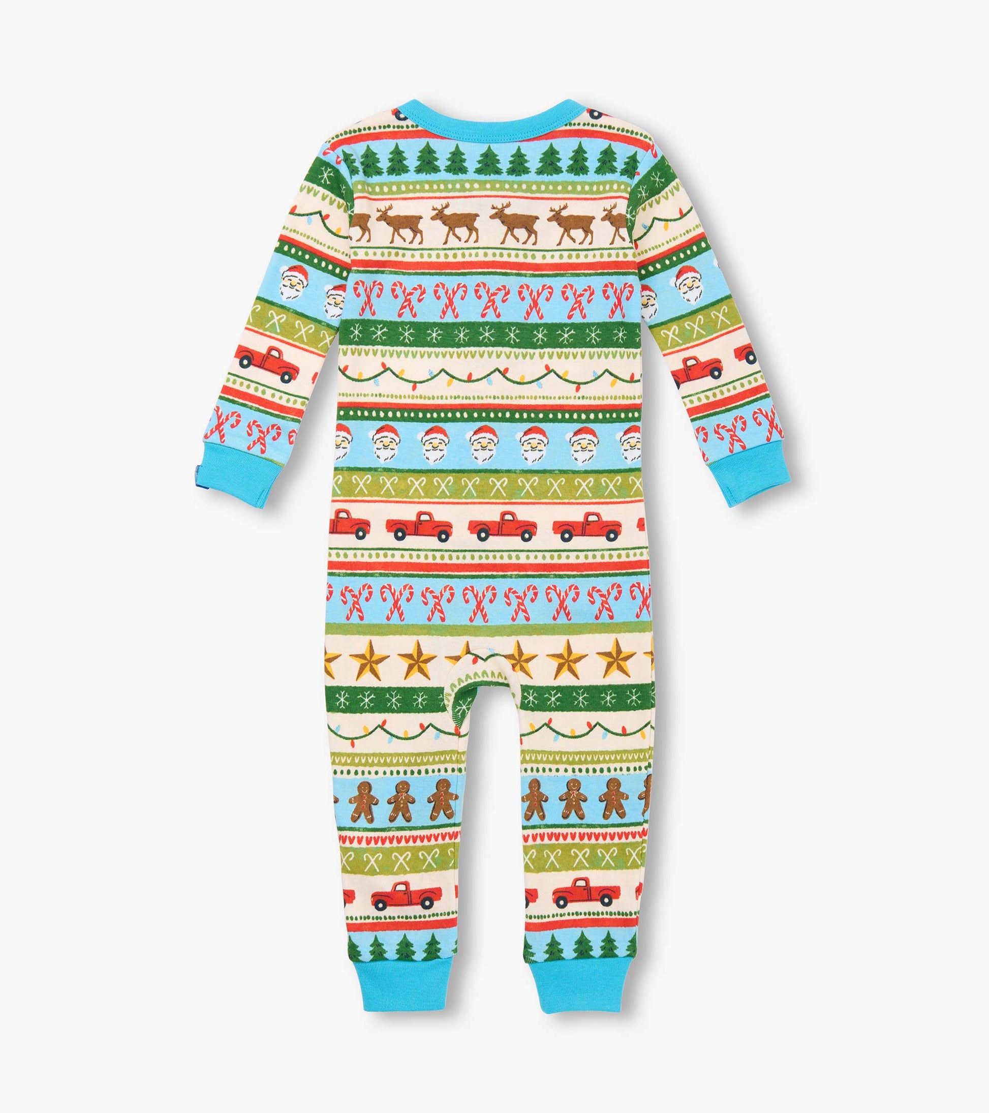 Blue cotton sleeper featuring a fun Fair Isle pattern with festive motifs like trees, reindeer, and gingerbread men.