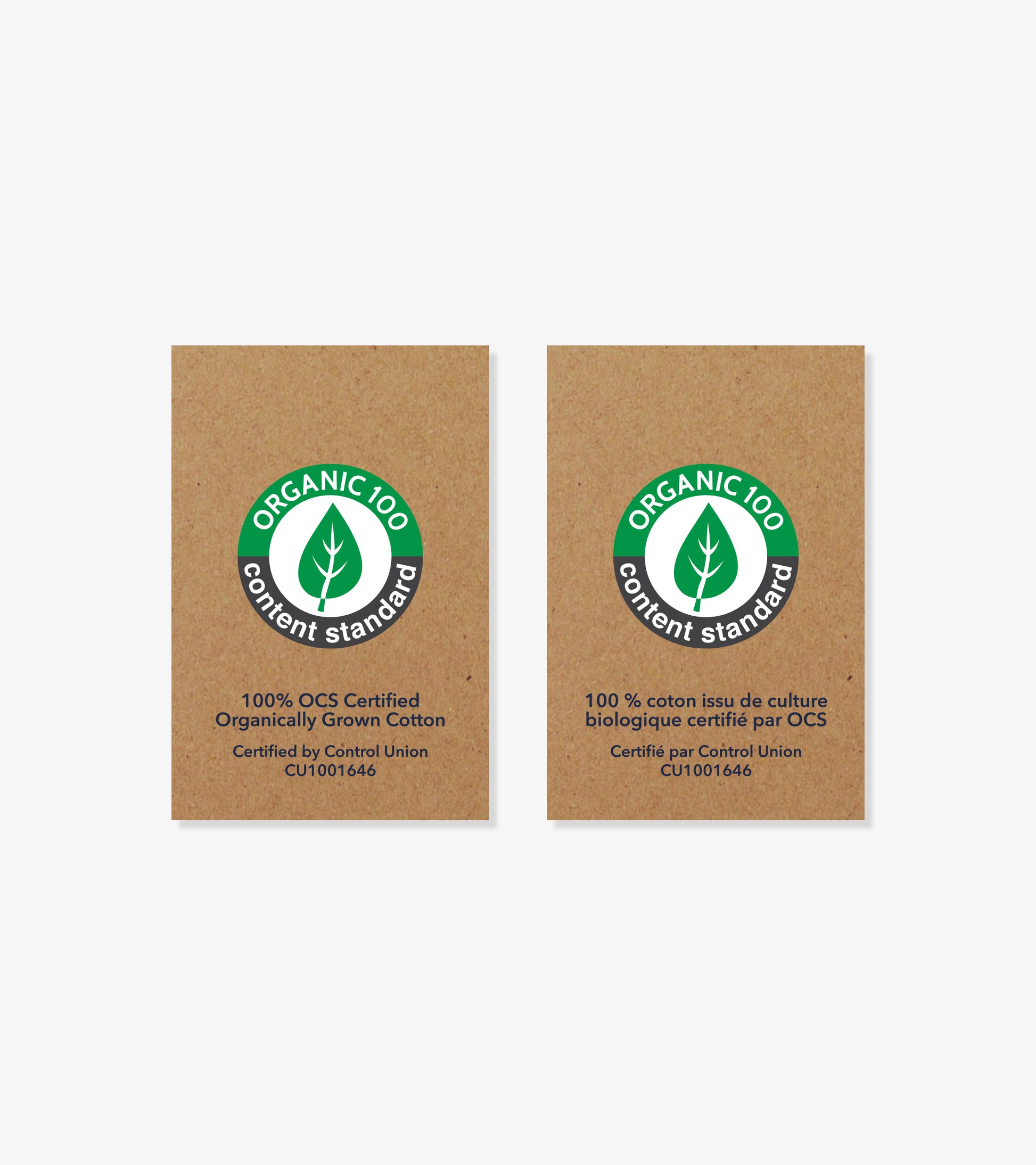 Two organic cotton certification labels on brown cardboard, one in English and one in French.
