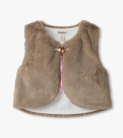Cropped faux fur vest in light brown with a pink tie closure, featuring a soft interior lining.