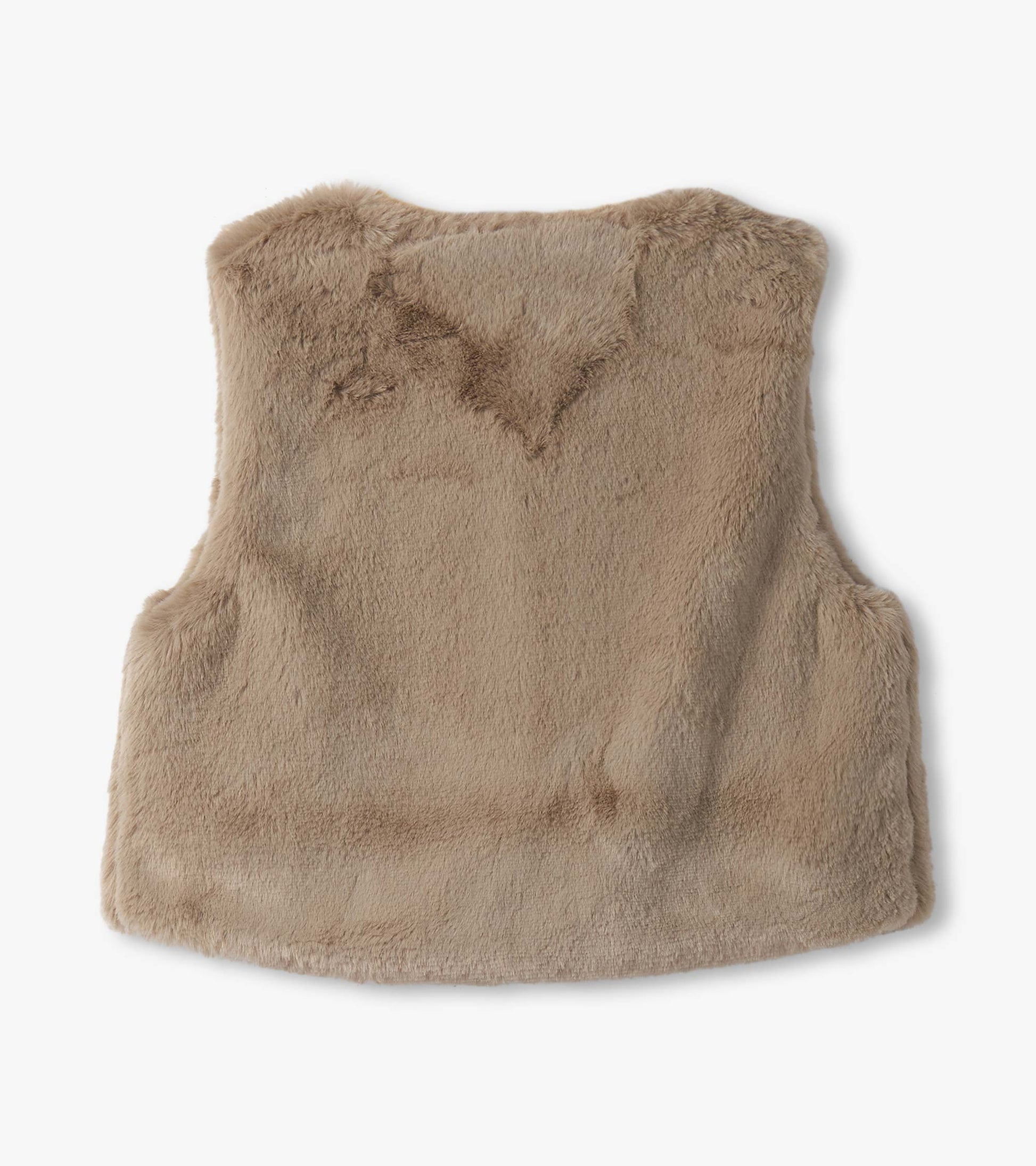 Cropped faux fur vest in a soft beige color, featuring a rounded neckline and sleeveless design.