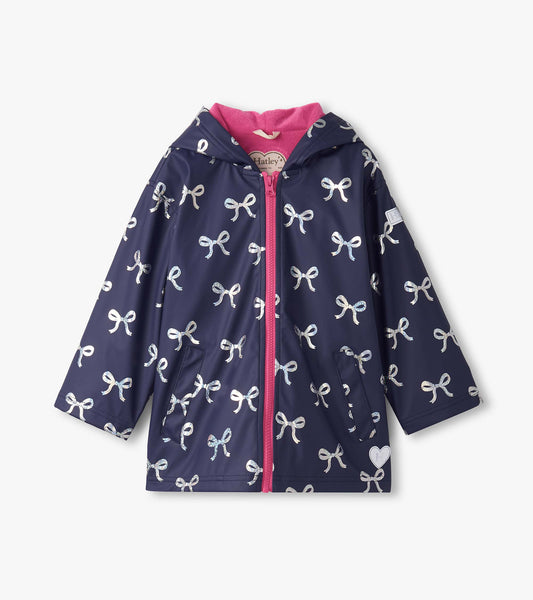 Girls Silver Ribbon Zip-Up Raincoat