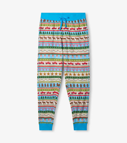 Men's cotton pyjama set featuring a blue waistband and a colorful Fair Isle pattern with festive motifs.