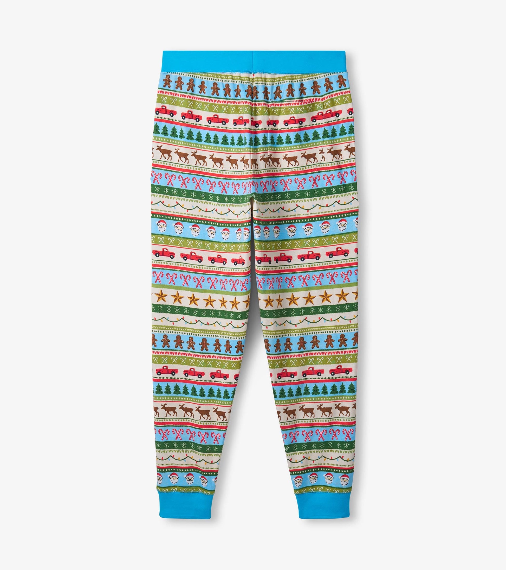 Men's cotton pyjama set featuring a blue waistband and a colorful Fair Isle pattern with festive motifs.