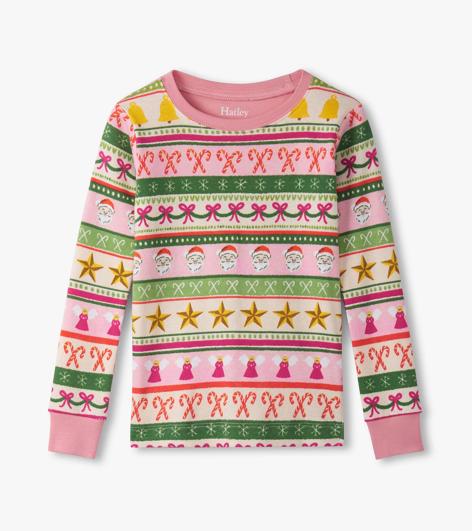 Pink cotton pyjama top featuring a fun Fair Isle pattern with Santa, stars, and candy canes in vibrant colors.