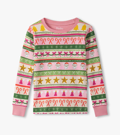 Pink cotton pyjama top featuring a fun Fair Isle pattern with Santa, stars, and candy canes in vibrant colors.