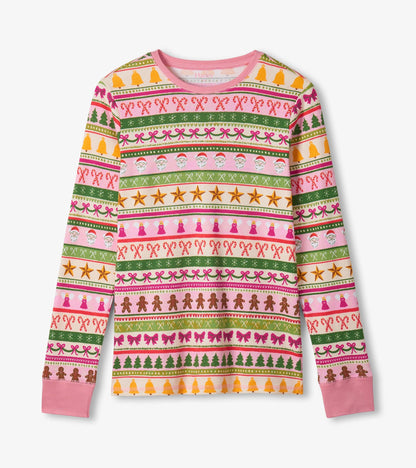 Long-sleeve pink pyjama top featuring a colorful Fair Isle pattern with festive motifs like candy canes and Christmas trees.