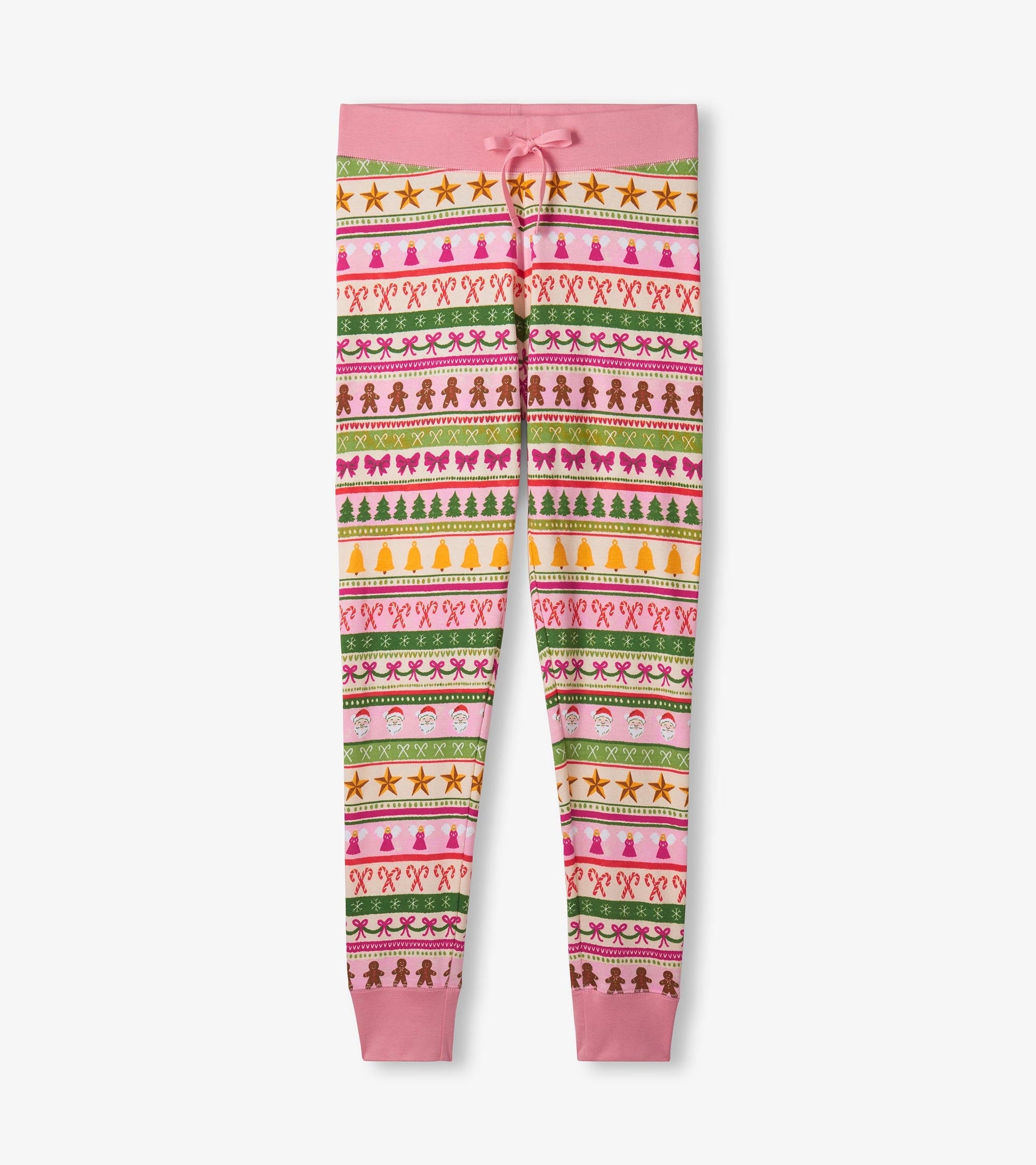 Pink cotton pyjama set featuring a fun Fair Isle pattern with festive motifs in green, red, and yellow.