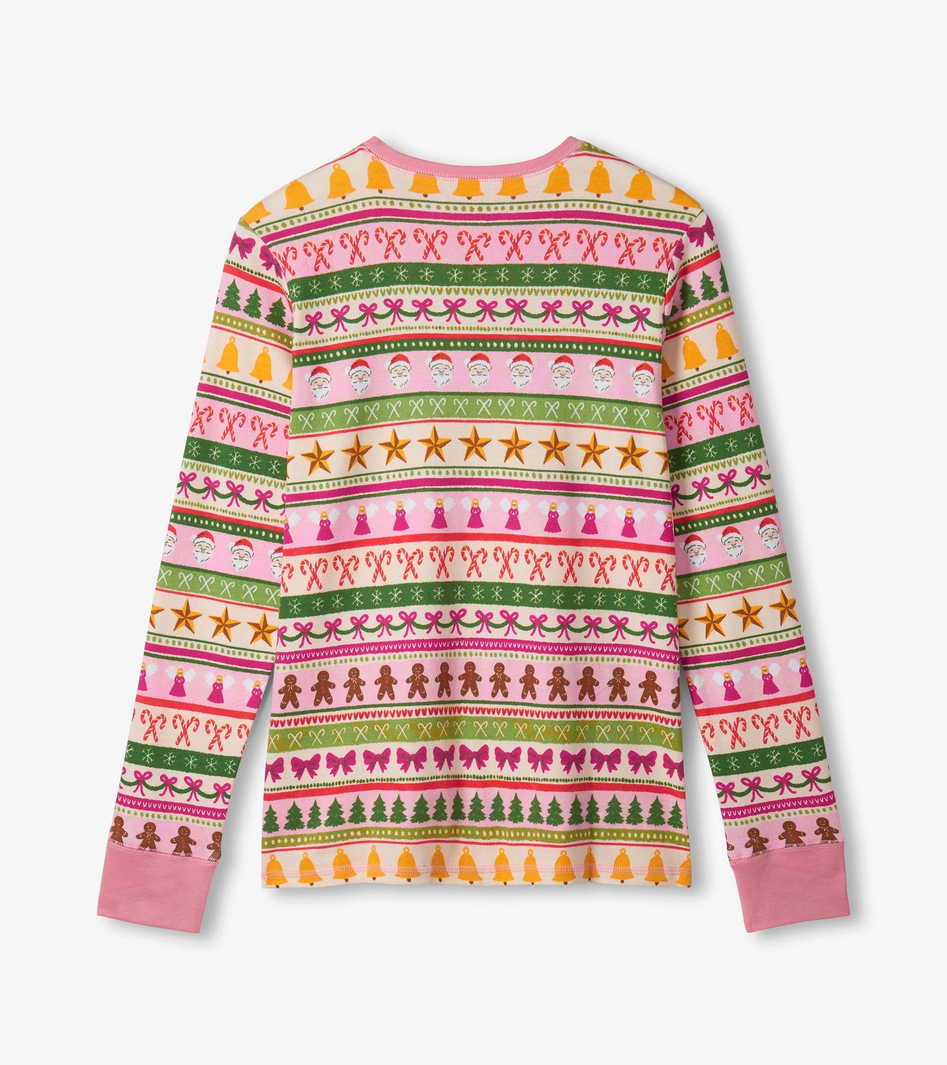 Colorful pink cotton pyjama top featuring a festive Fair Isle pattern with holiday-themed designs and long sleeves.