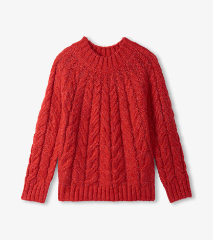 Red cable knit jumper with a round neckline and long sleeves, featuring a textured pattern and ribbed hem.