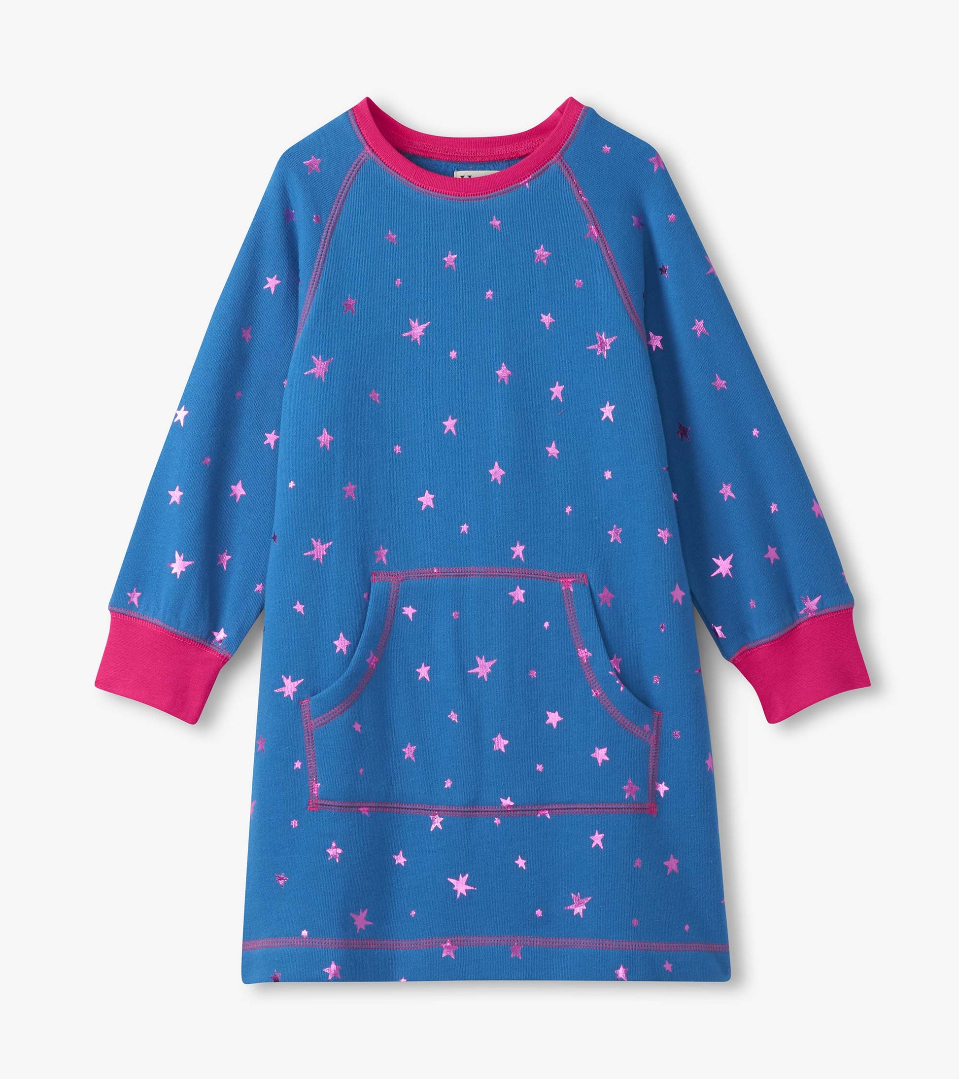 Blue sweater dress with pink foil star pattern, long sleeves, and a front pocket.