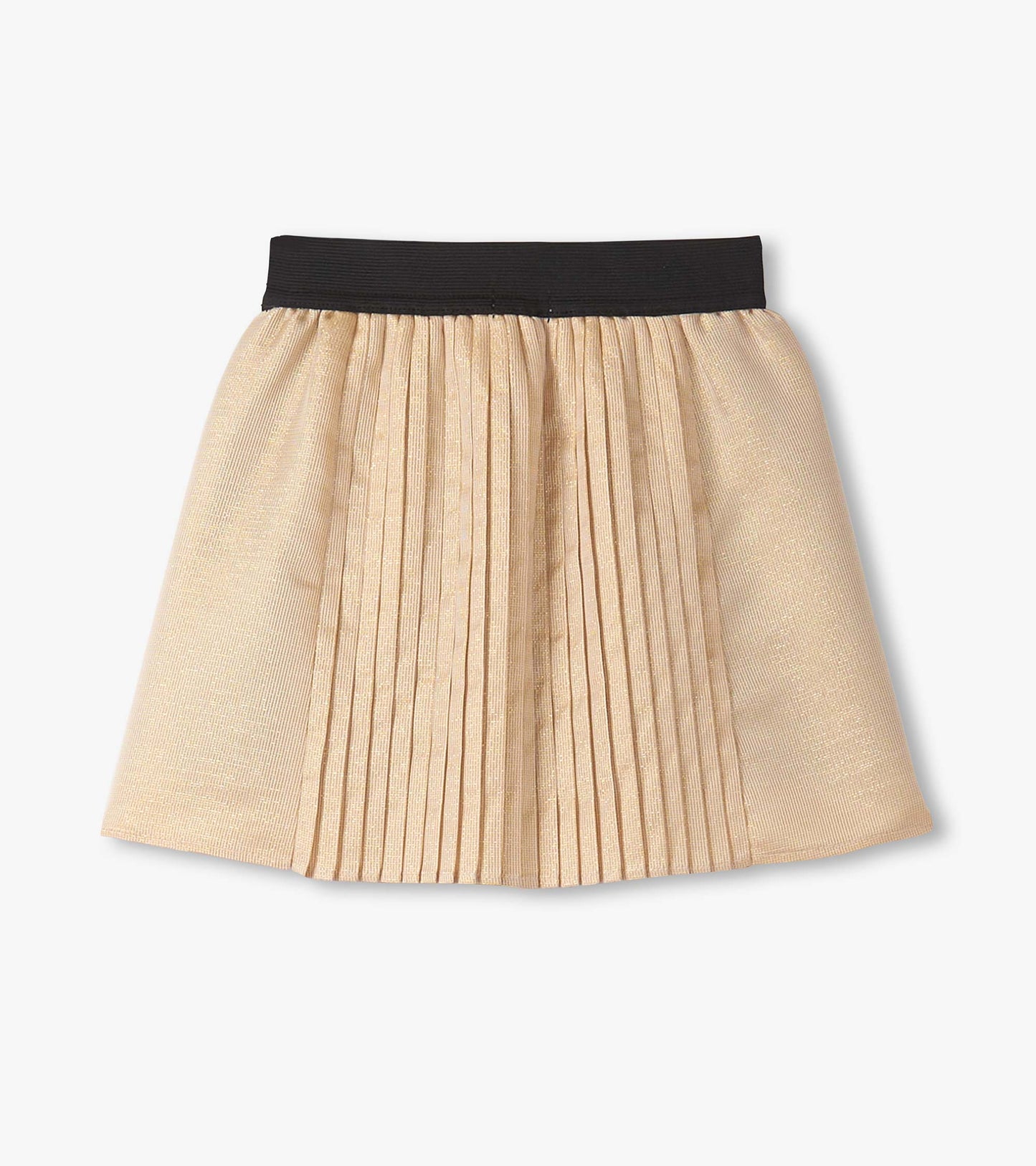 Gold pleated skirt with a black waistband, designed for girls, suitable for casual or dressy occasions.