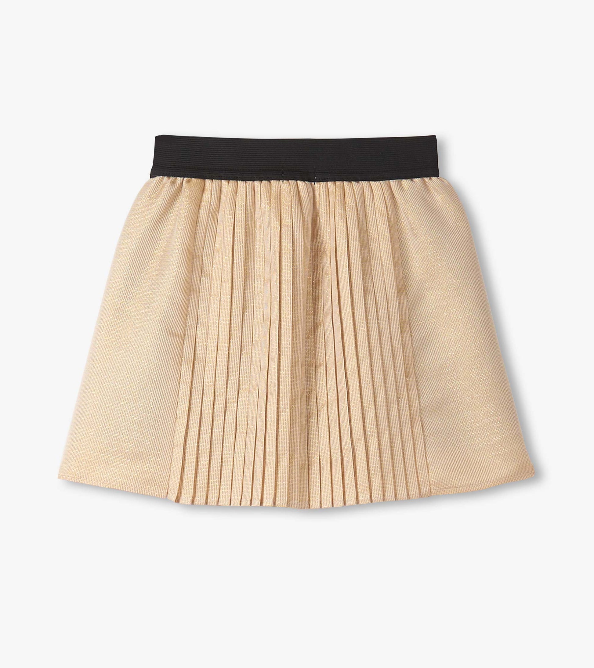 Gold pleated skirt with a black waistband, designed for girls, suitable for casual or dressy occasions.