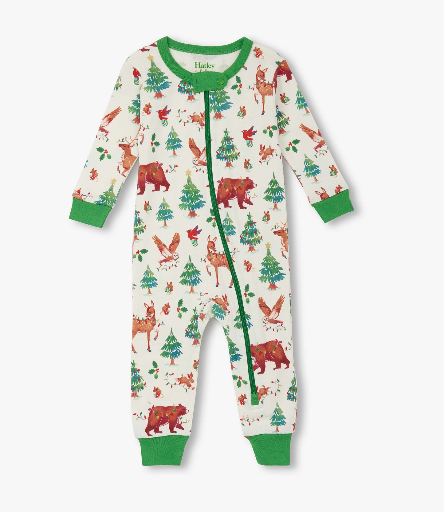 White baby sleeper with holiday animal and Christmas tree print, green trim, front zip closure, long sleeves and footless le…
