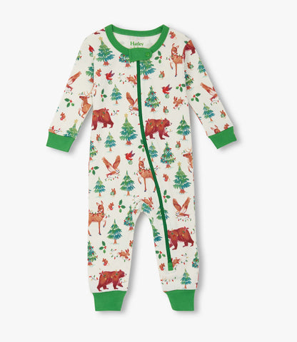 White baby sleeper with holiday animal and Christmas tree print, green trim, front zip closure, long sleeves and footless le…