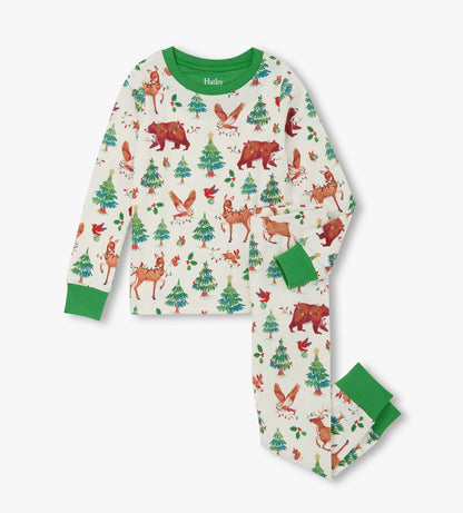 Cotton pyjama set featuring a festive animal and tree print with green cuffs, suitable for boys.