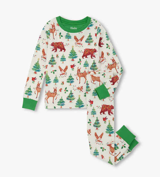 Cotton pyjama set featuring a festive animal and tree print with green cuffs, suitable for boys.