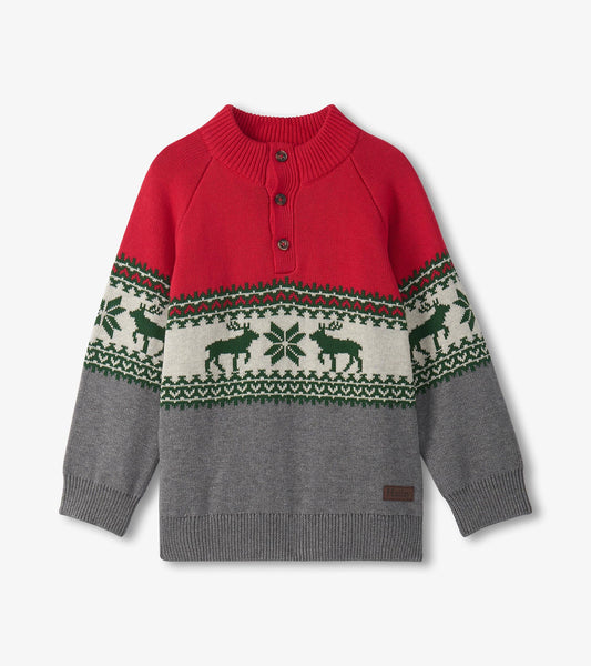Red and gray mockneck sweater featuring elk and snowflake patterns, with three buttons at the collar.