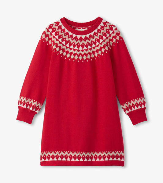 Red sweater dress featuring a Fair Isle pattern at the neckline and cuffs, with long sleeves and a swing shape.