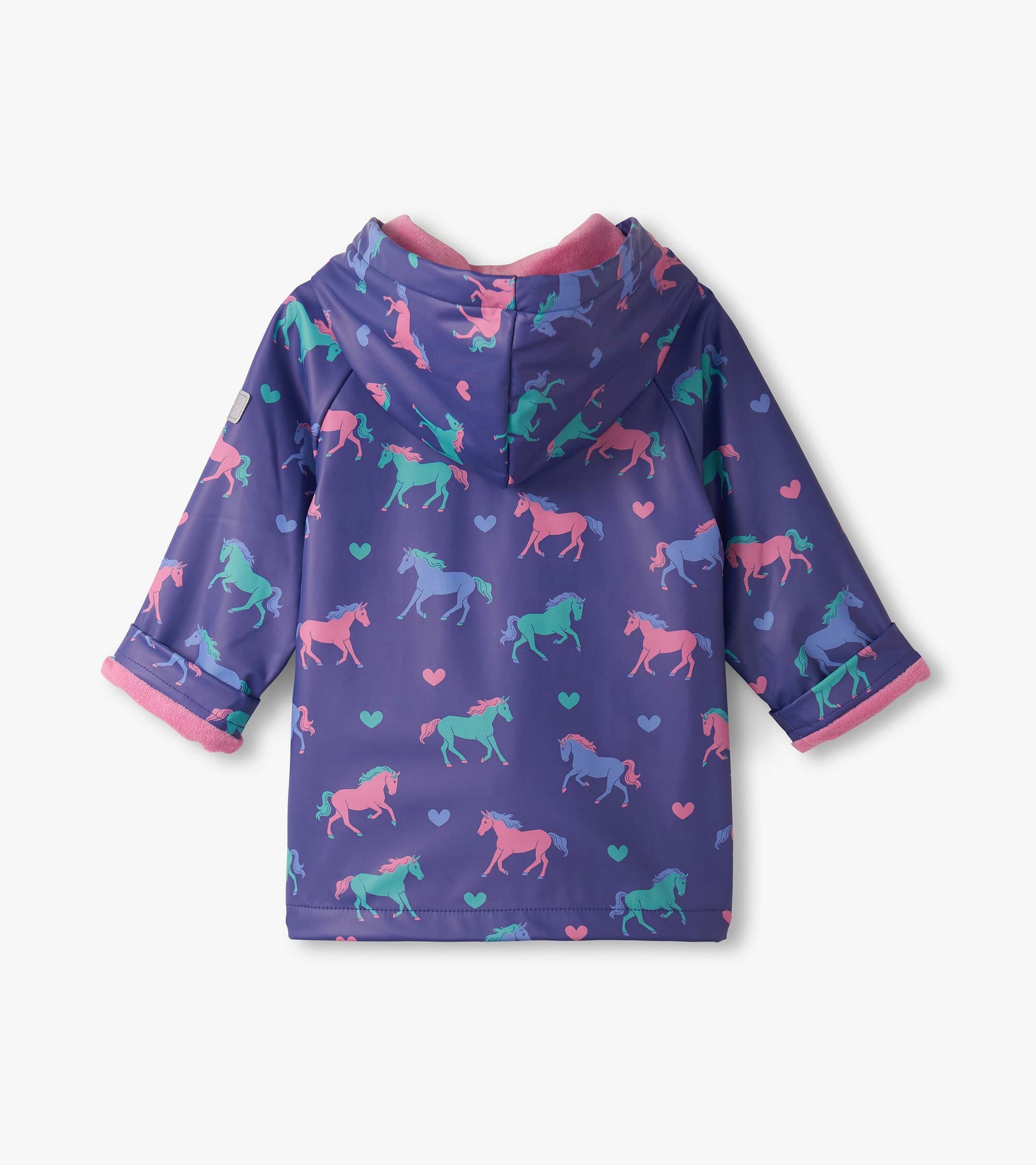 Purple raincoat featuring colorful unicorns and hearts, with a hood and pink trim, suitable for baby and toddler girls.