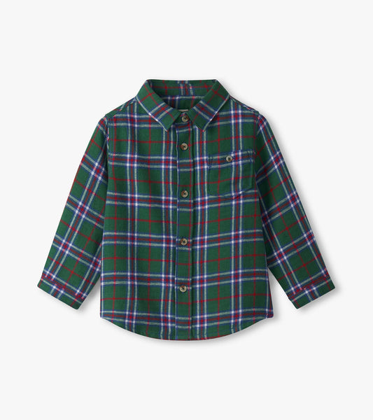 Green plaid button-down shirt for baby and toddler boys, featuring long sleeves and a classic collar.