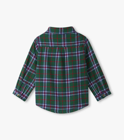 Green plaid button-down shirt for baby and toddler boys, featuring long sleeves and a classic collar.