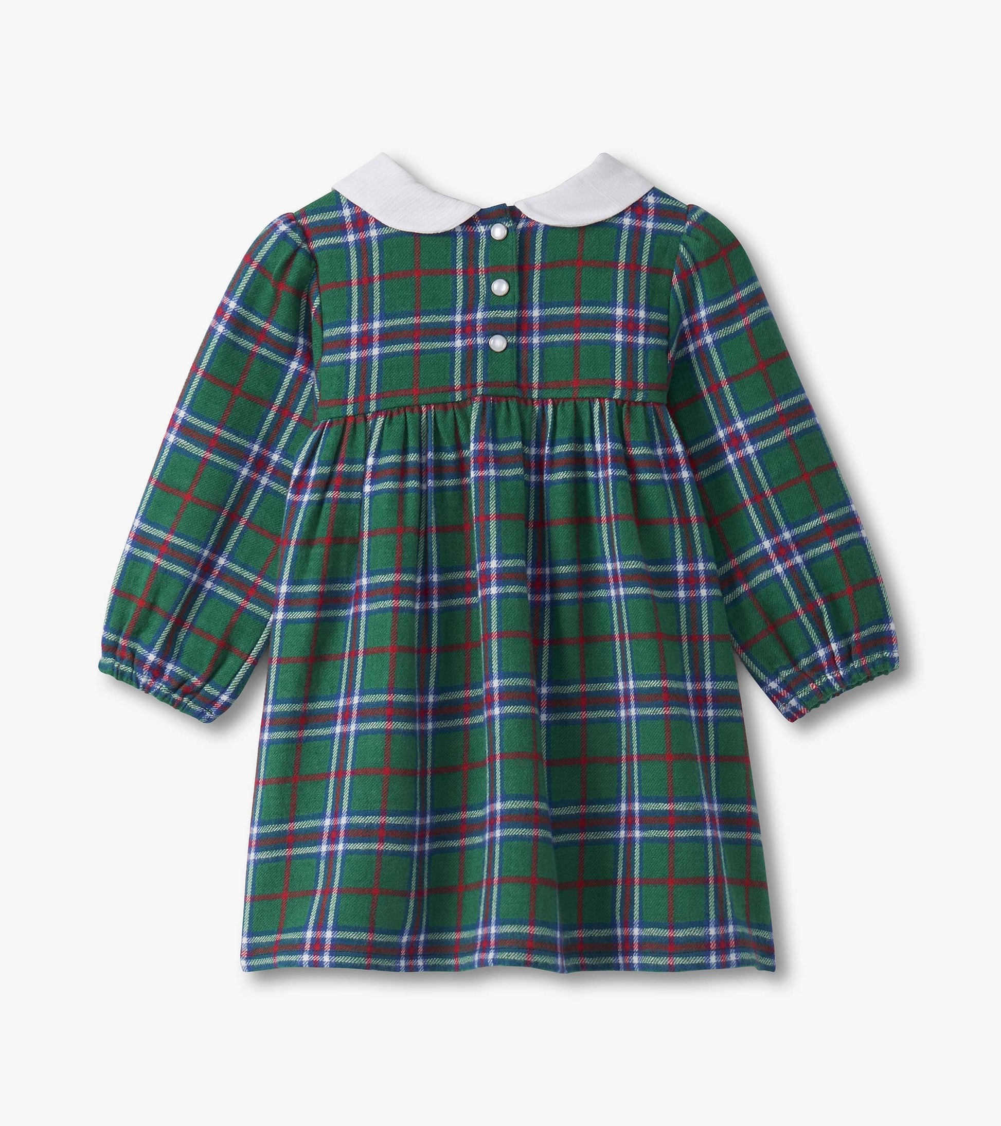 Green plaid pinafore dress with puff sleeves and white collar, featuring button closure at the back.