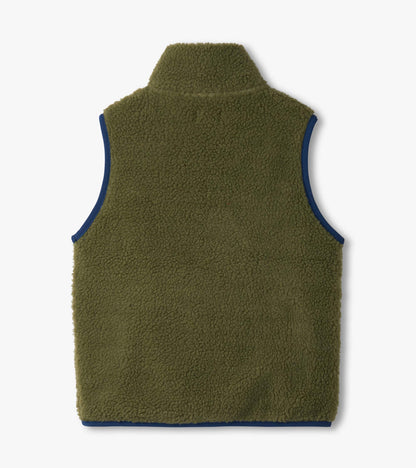 Loden green faux sherpa vest with a high collar and navy trim, designed for boys.