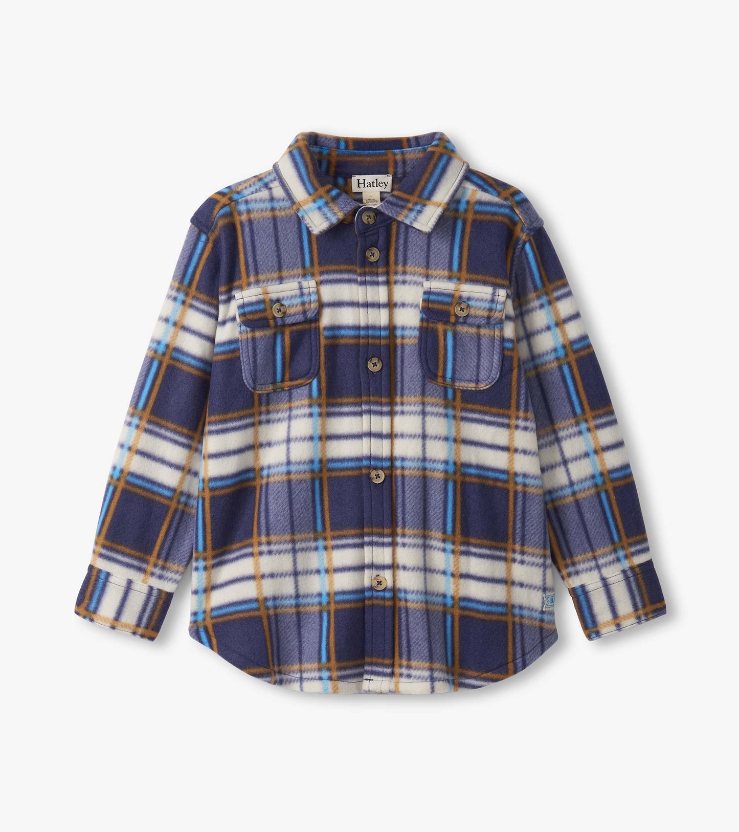 Navy plaid fleece button-up shirt with two chest pockets and a collar, suitable for boys.