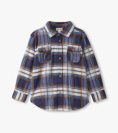 Navy plaid fleece button-up shirt with two chest pockets and a collar, suitable for boys.