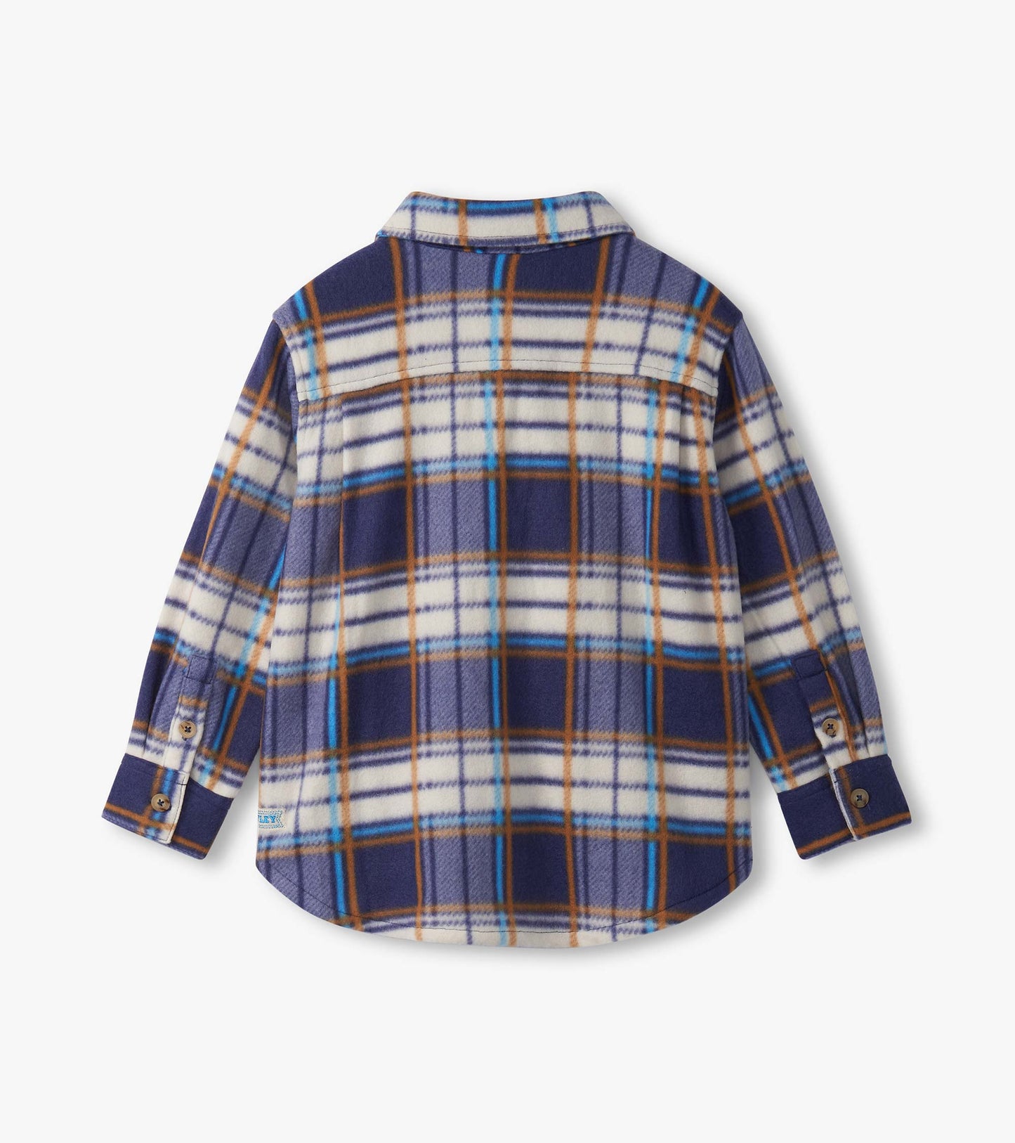 Navy plaid fleece button-up shirt with long sleeves and a collar, featuring blue and brown accents. Back view shown.