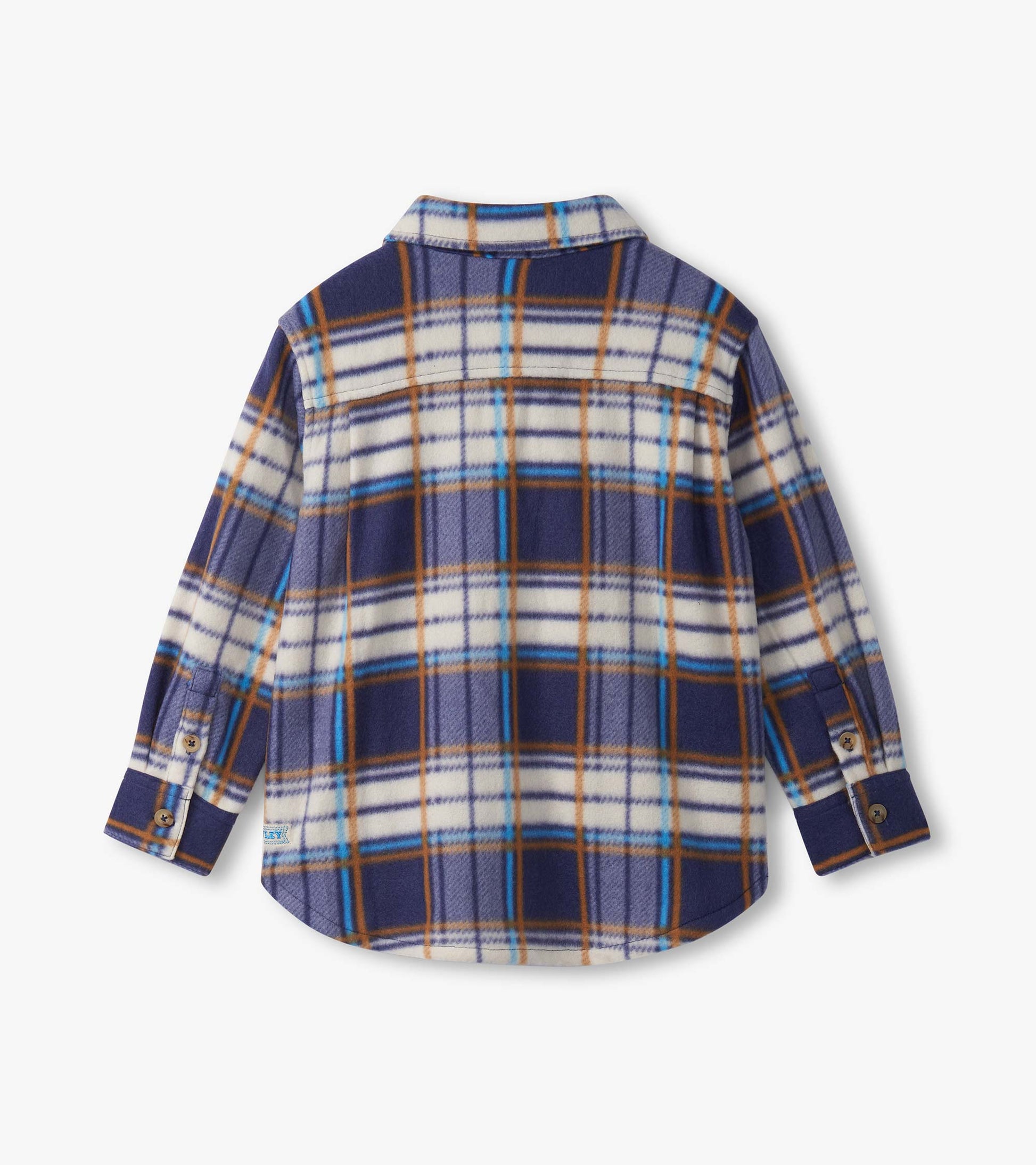Navy plaid fleece button-up shirt with long sleeves and a collar, featuring blue and brown accents. Back view shown.