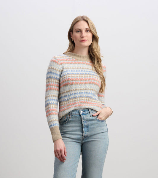 Knit jumper featuring bubble stripes in pastel colors, with a round neckline and long sleeves, paired with light blue jeans.