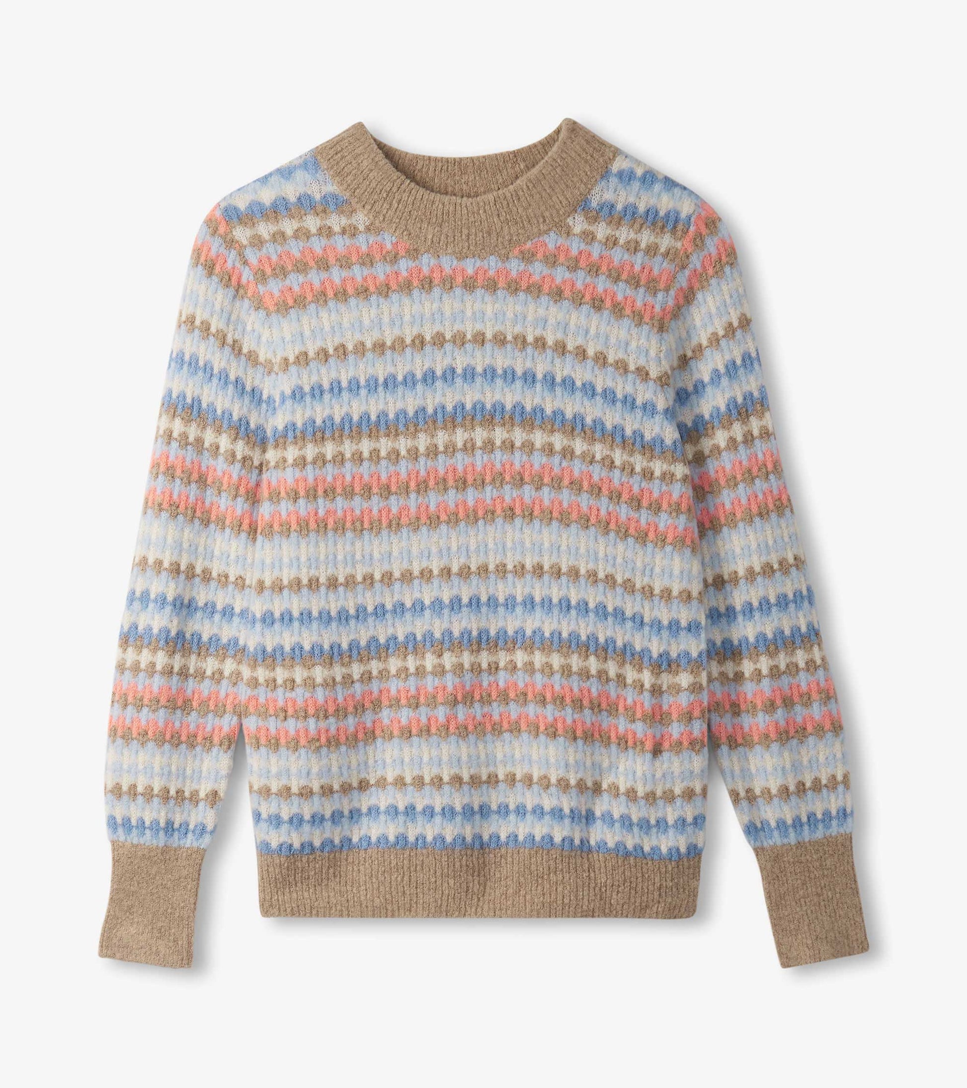 Multicolored striped jumper featuring shades of blue, pink, and brown with a round neckline and ribbed cuffs.