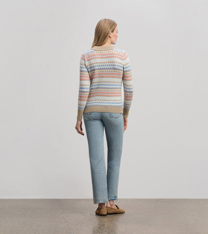 Back view of a cozy, multicolored striped jumper in soft knit fabric, paired with light blue jeans.