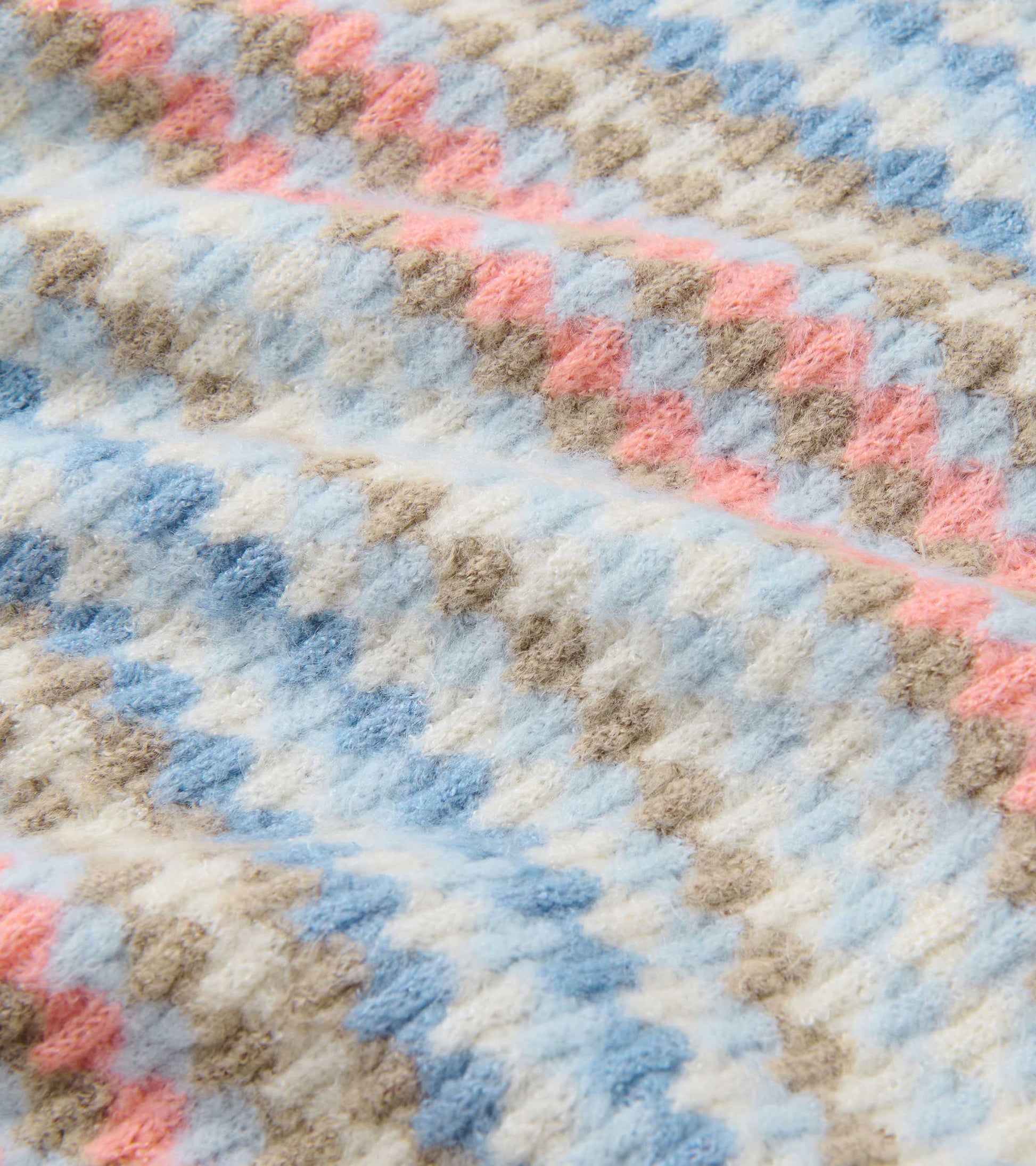Textured knit jumper featuring bubble stripes in pastel pink, blue, and beige tones.